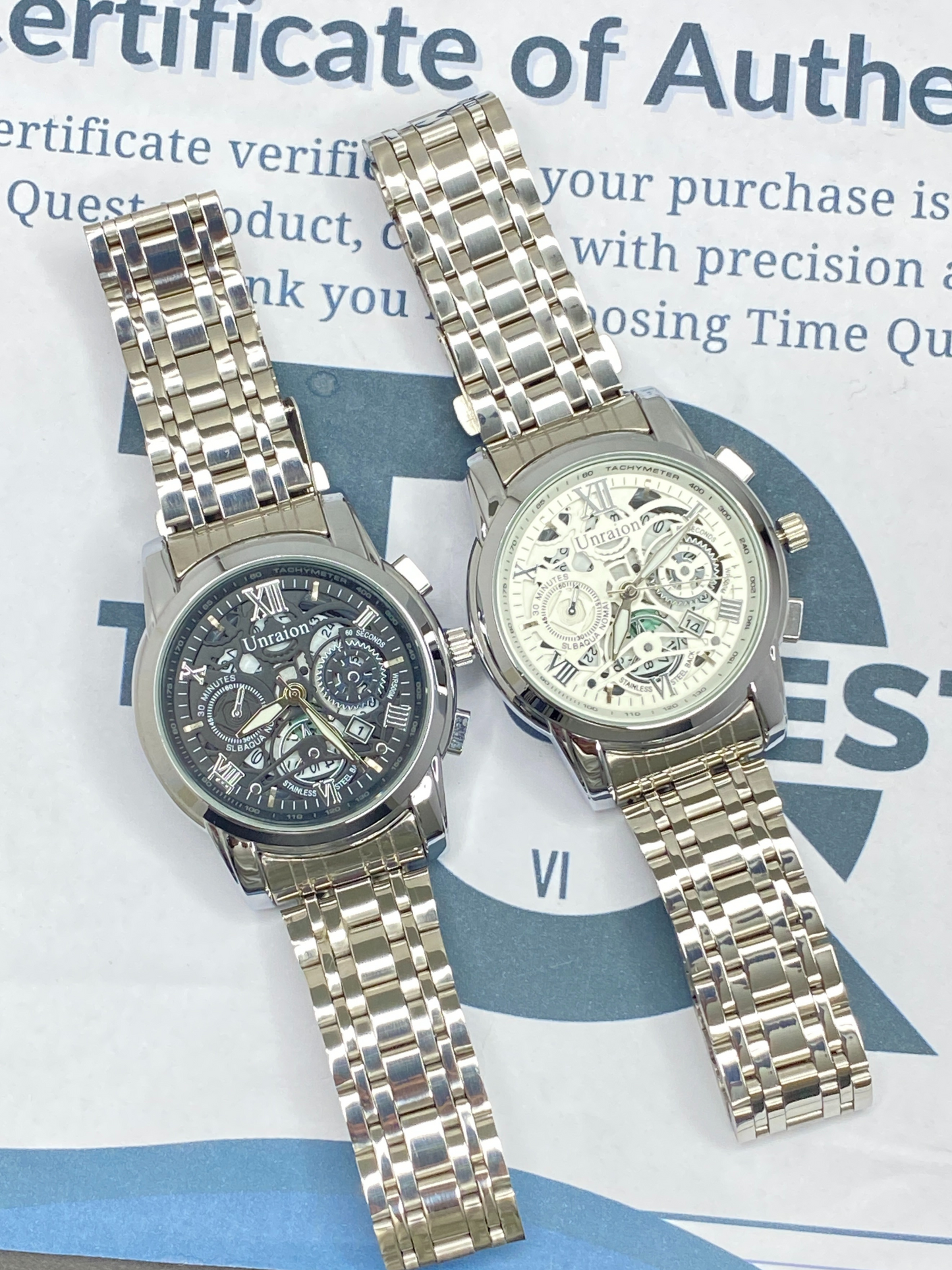 UNRAION Men’s Skeleton Dial Stainless Steel Chain Analog Watch with Date Display