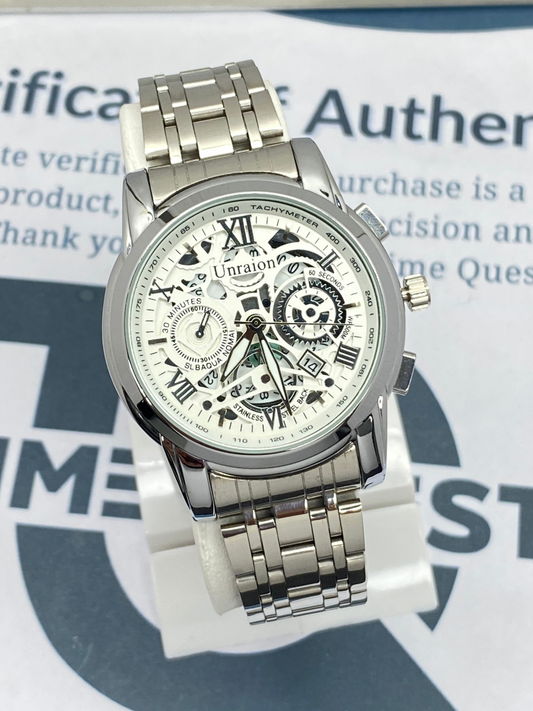 UNRAION Men’s Skeleton Dial Stainless Steel Chain Analog Watch with Date Display