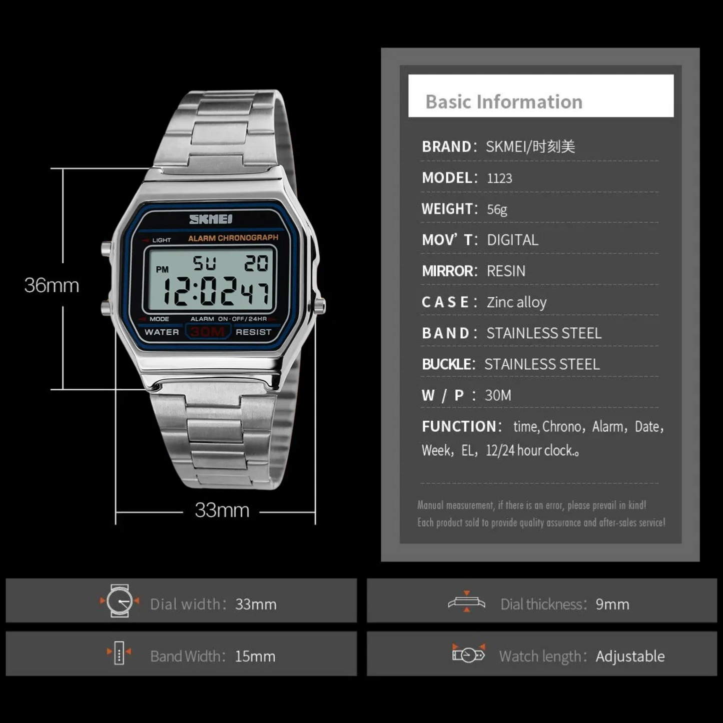 SKMEI-1123 Digital Time Format Stainless Steel Made Water Resistant Watch For Men