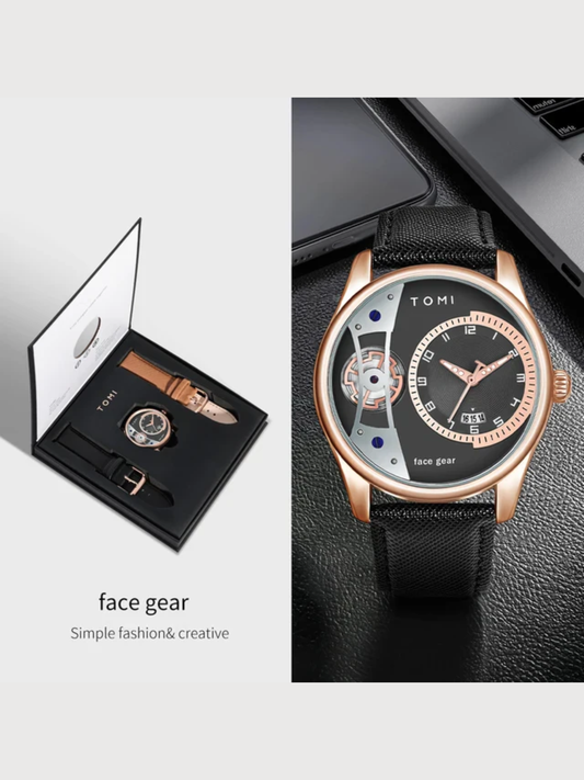 TOMI T-105 Analog Display Face Gear Dual Strap Luxury Watch For Men
