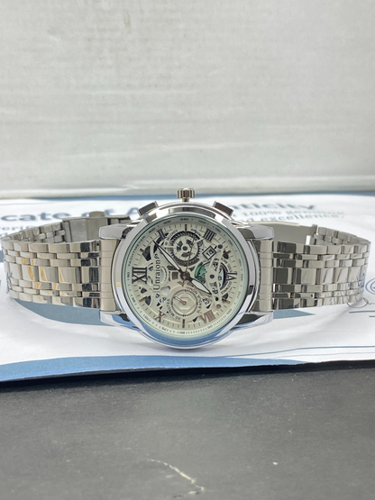 UNRAION Men’s Skeleton Dial Stainless Steel Chain Analog Watch with Date Display