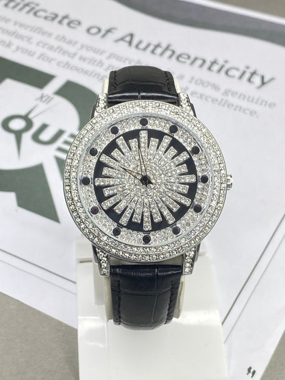 MERIOTS Iced Out Design Round Dial Spinning Wheel Straps Watch