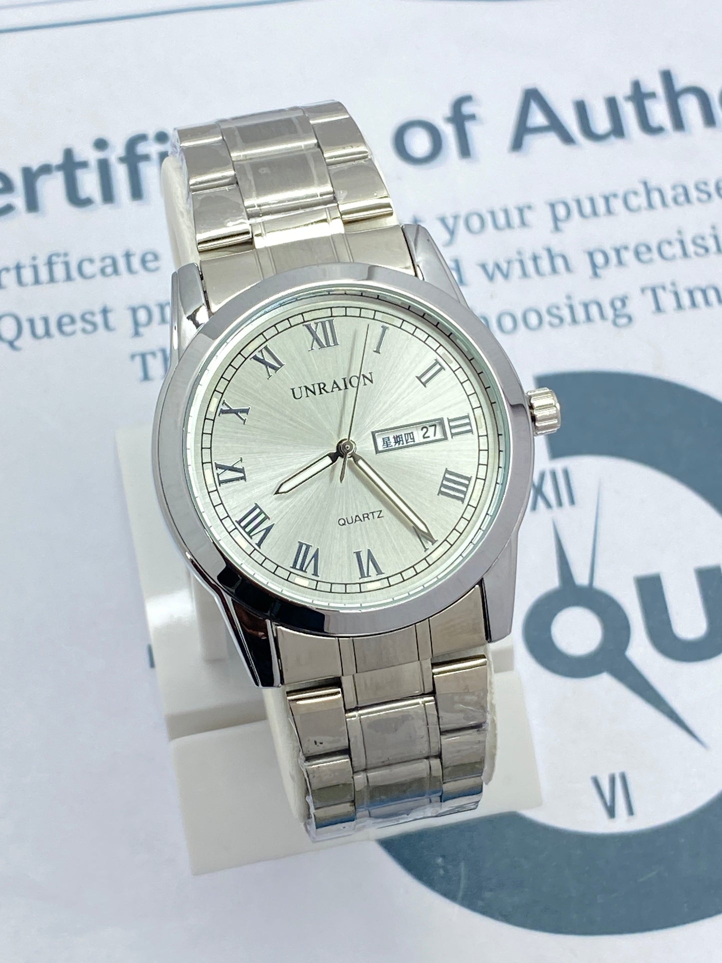 UNRAION Analog Stainless Steel Date & Day Display Chain Watch For Men