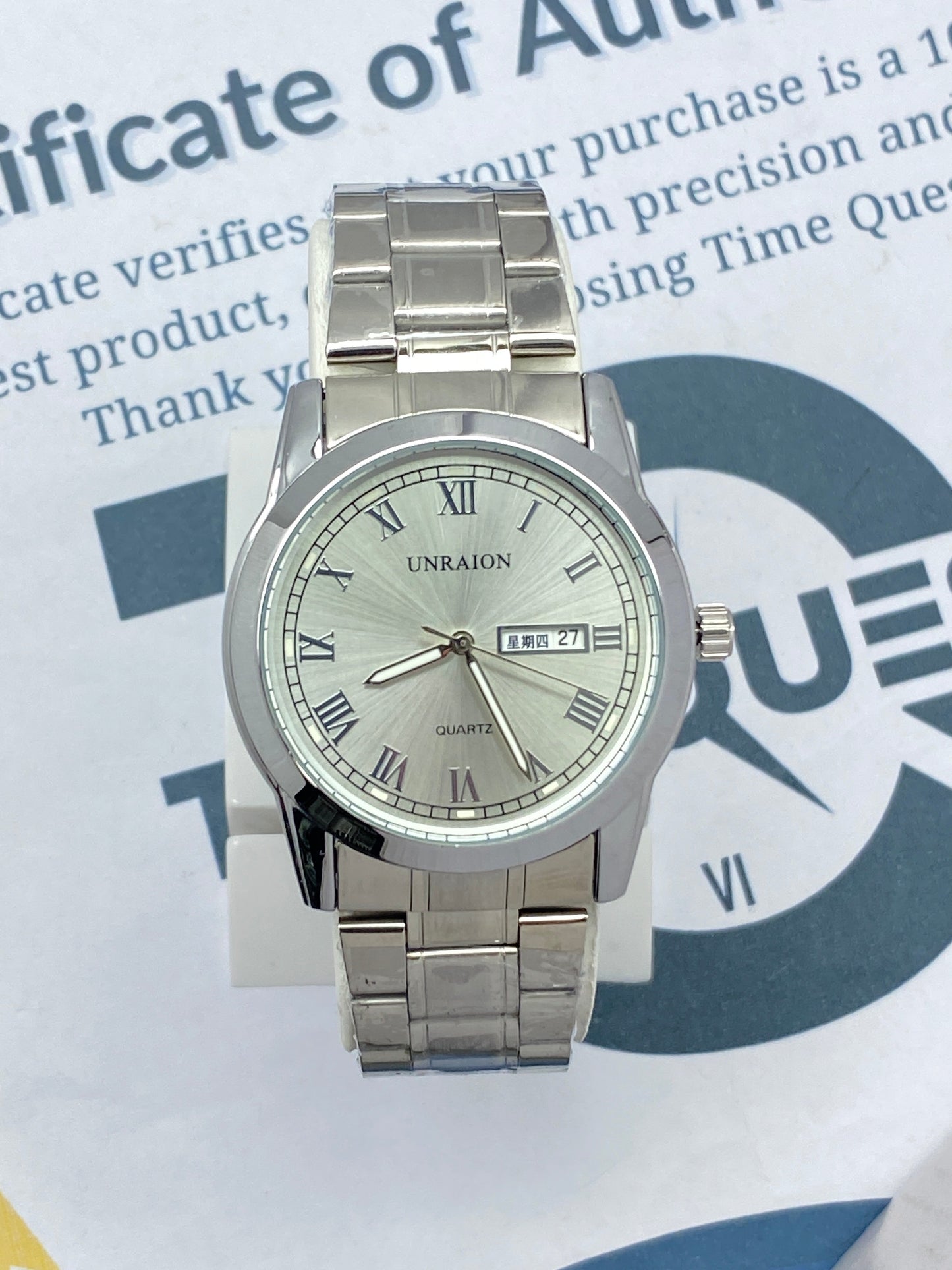 UNRAION Analog Stainless Steel Date & Day Display Chain Watch For Men